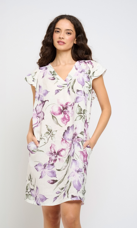 Violet and Green Floral Linen Dress