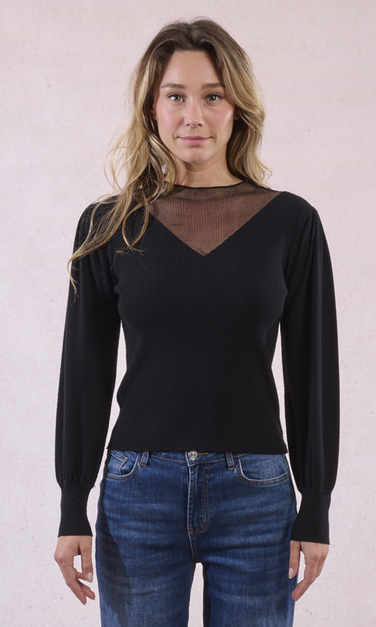 Bi-Material Sweater w/ Puffed Sleeves