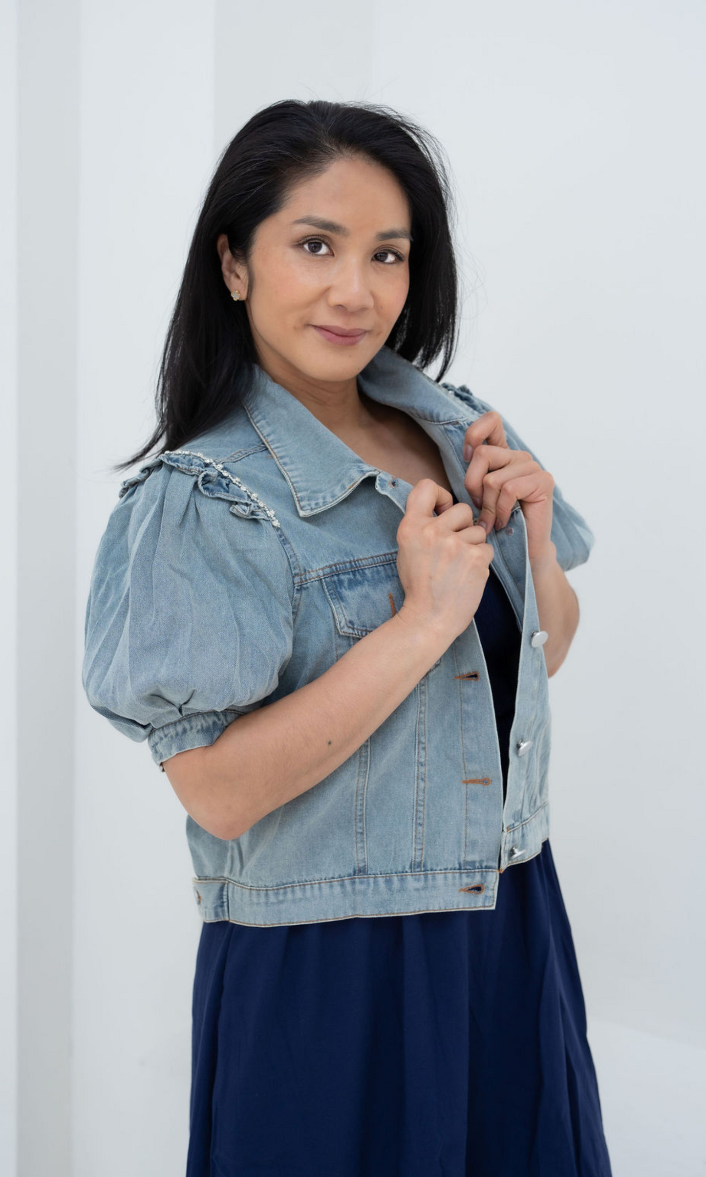 Puff Short Sleeved Denim Jacket with Rhinestones