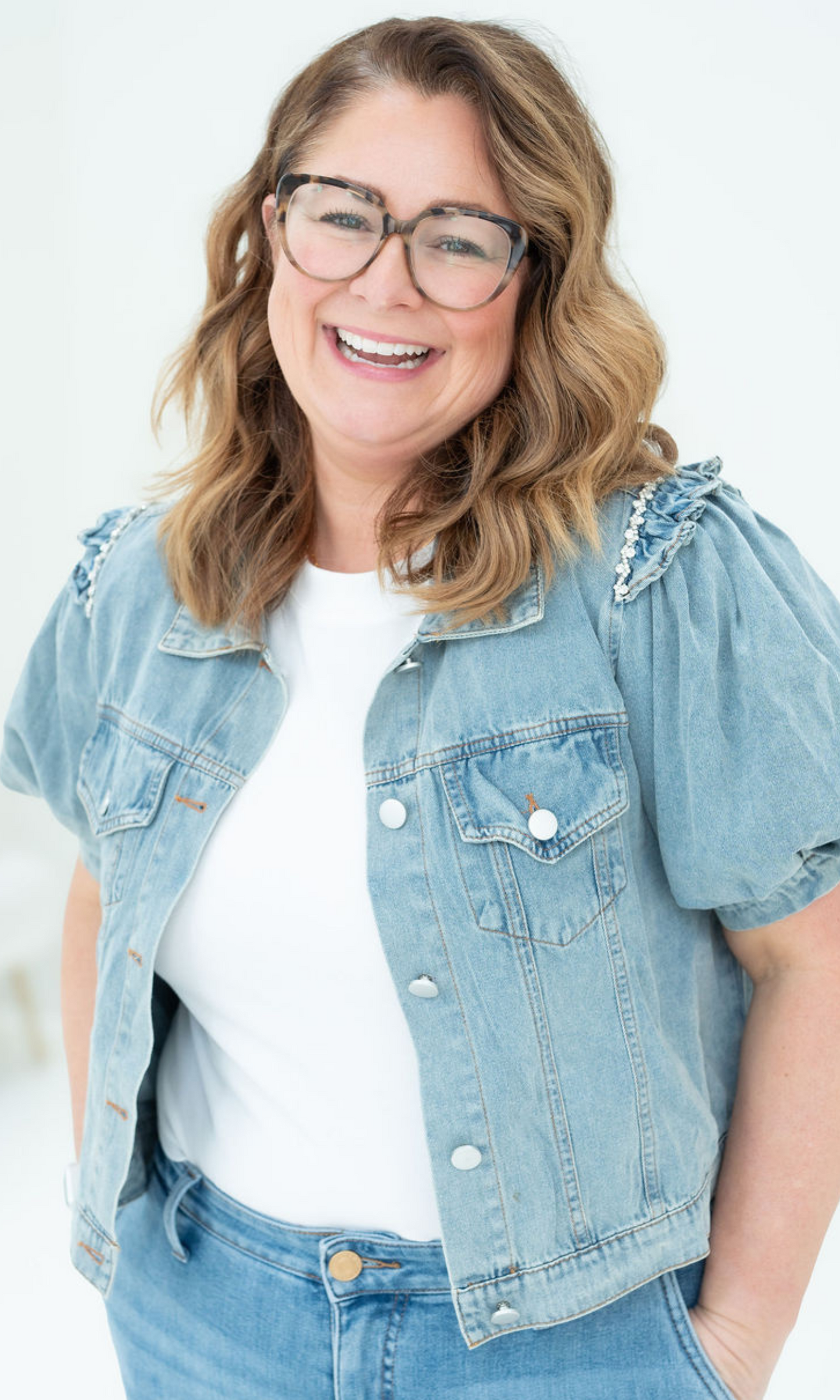 Puff Short Sleeved Denim Jacket with Rhinestones