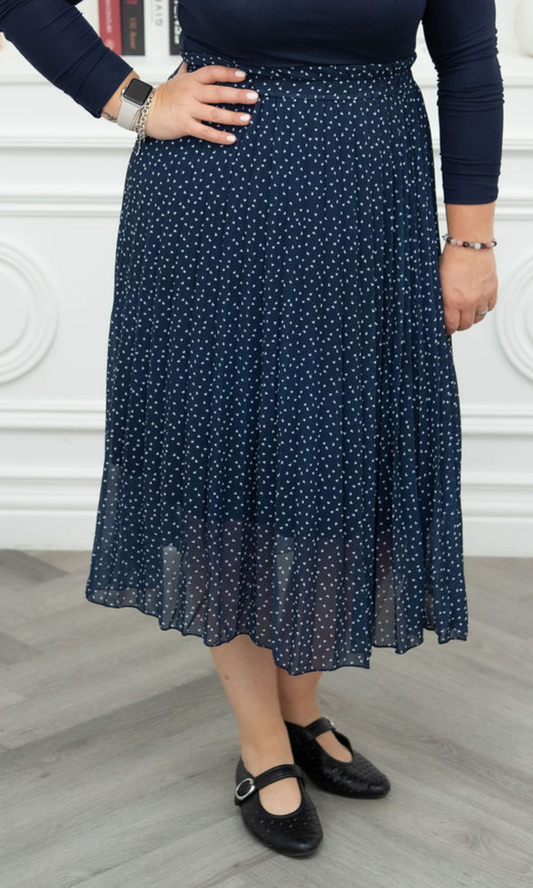 Pleated Skirt w/ Navy Heart Print