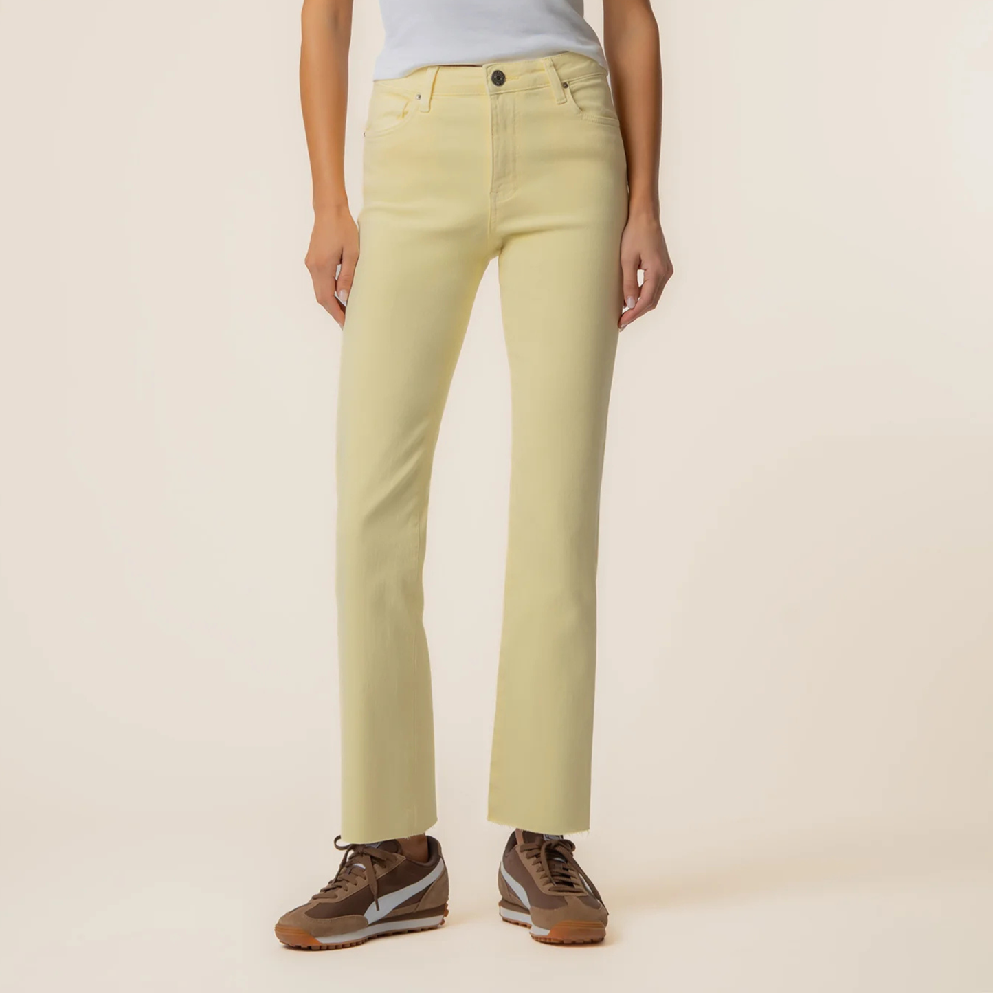 Kelsey High Rise Ankle Flare w/ Raw Hem - Pastel Yellow