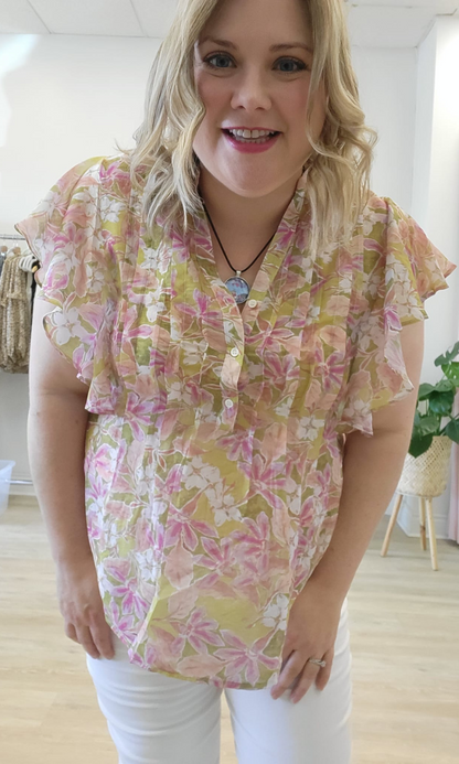 Green Button Floral Blouse