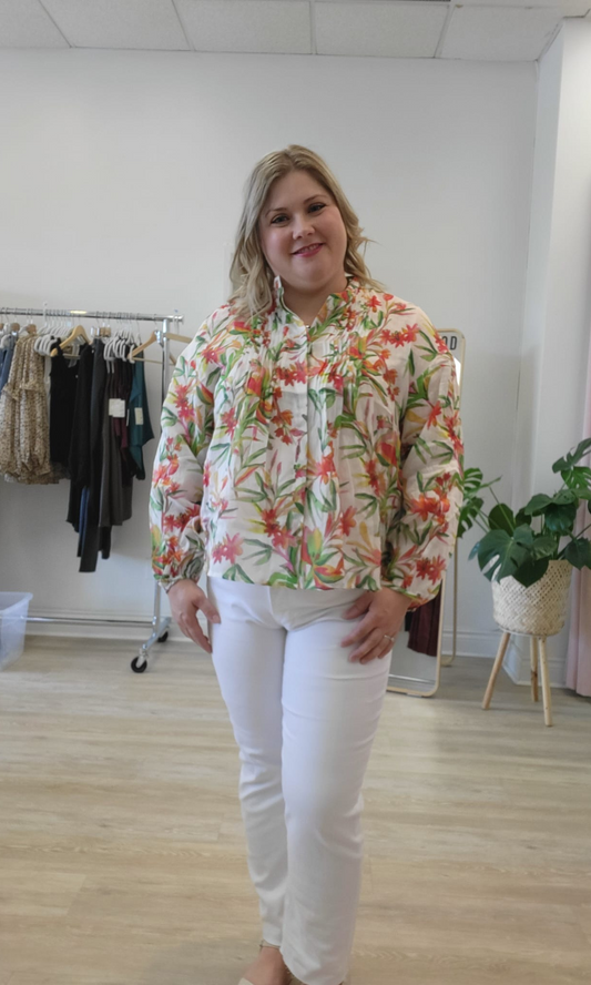 White Button Floral Blouse