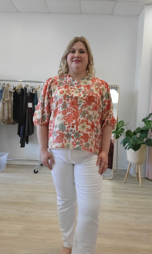 Red Button Floral Blouse