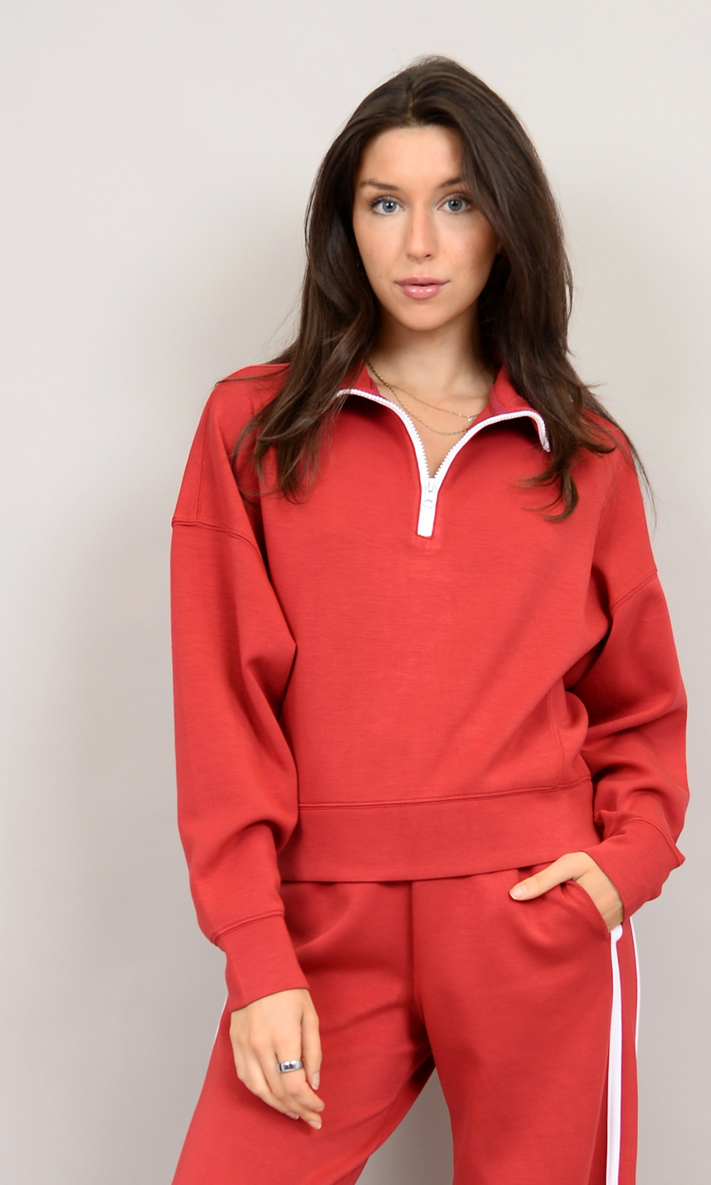 Red & White - Mailyn Soft Knit 1/2 Zip Mock Neck