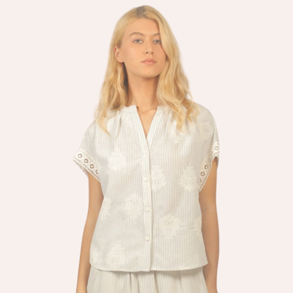 Breezy Stripe Lace Button-Up