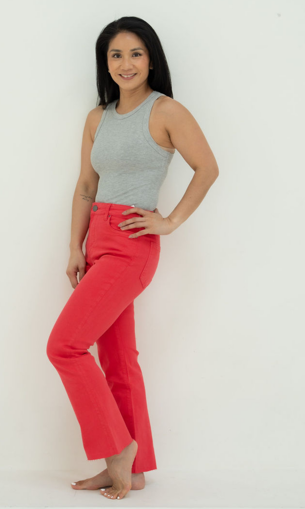 Kelsey High Rise Fab Ab Ankle Flare With Raw Hem - Strawberry