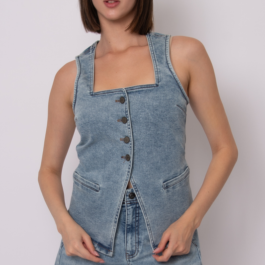 Vesta Stretch Denim Button Up Vest