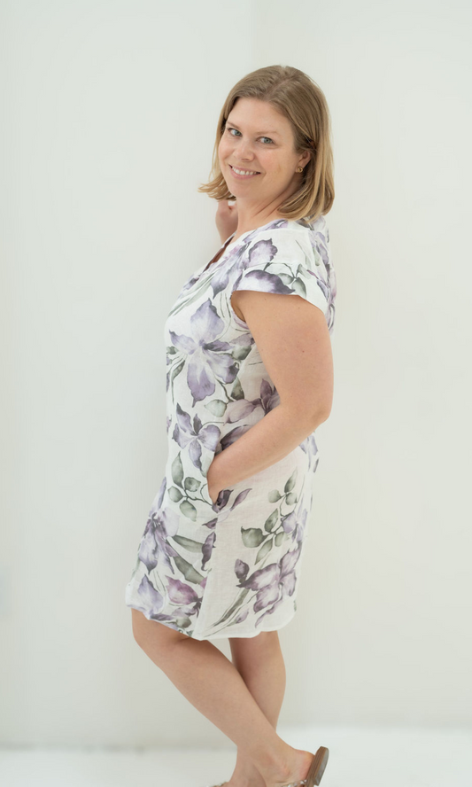 Violet and Green Floral Linen Dress