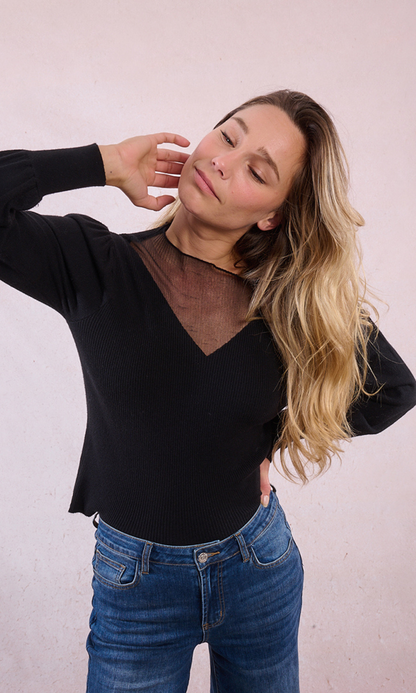 Bi-Material Sweater w/ Puffed Sleeves