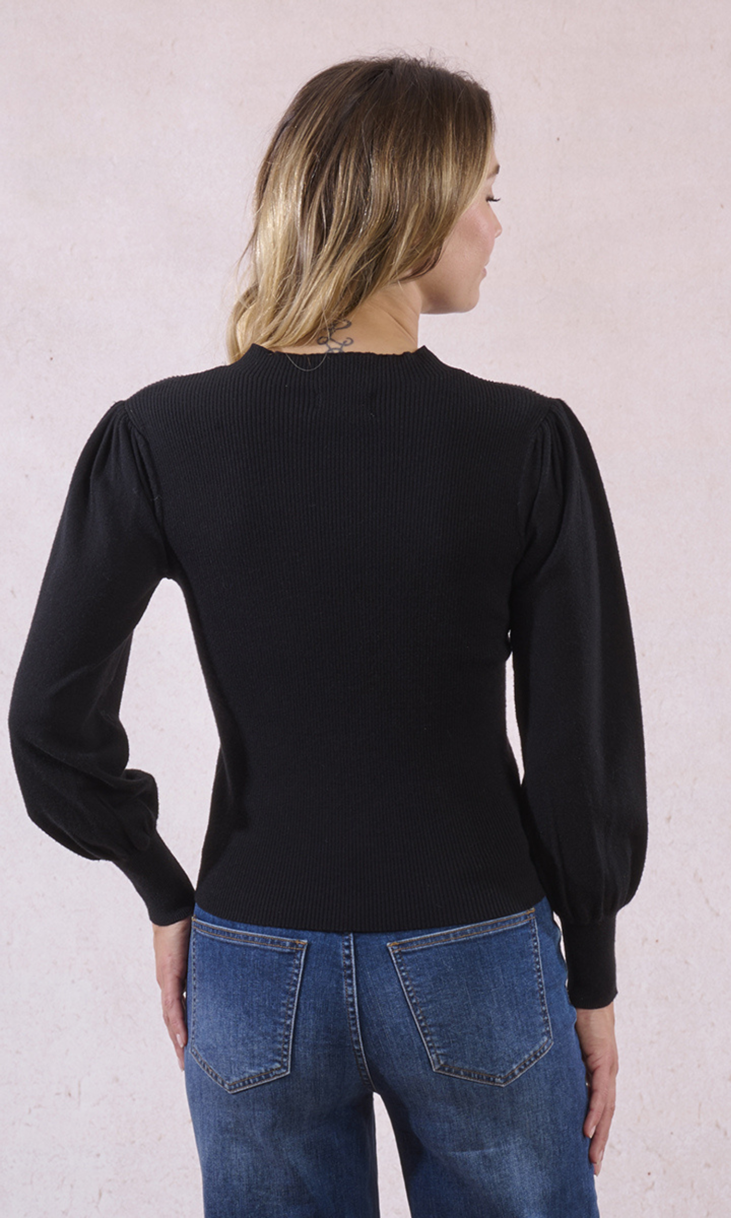 Bi-Material Sweater w/ Puffed Sleeves