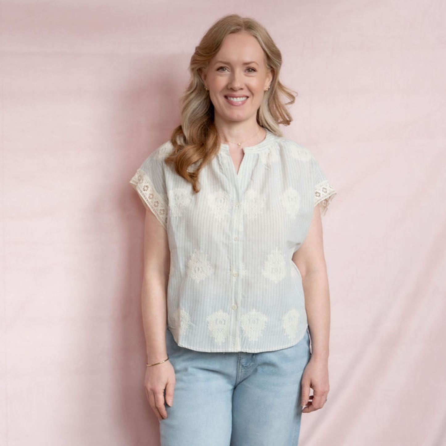 Breezy Stripe Lace Button-Up