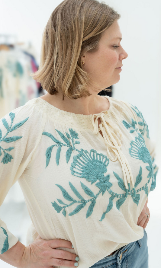 Seashell Sleeve Embroidered Blouse