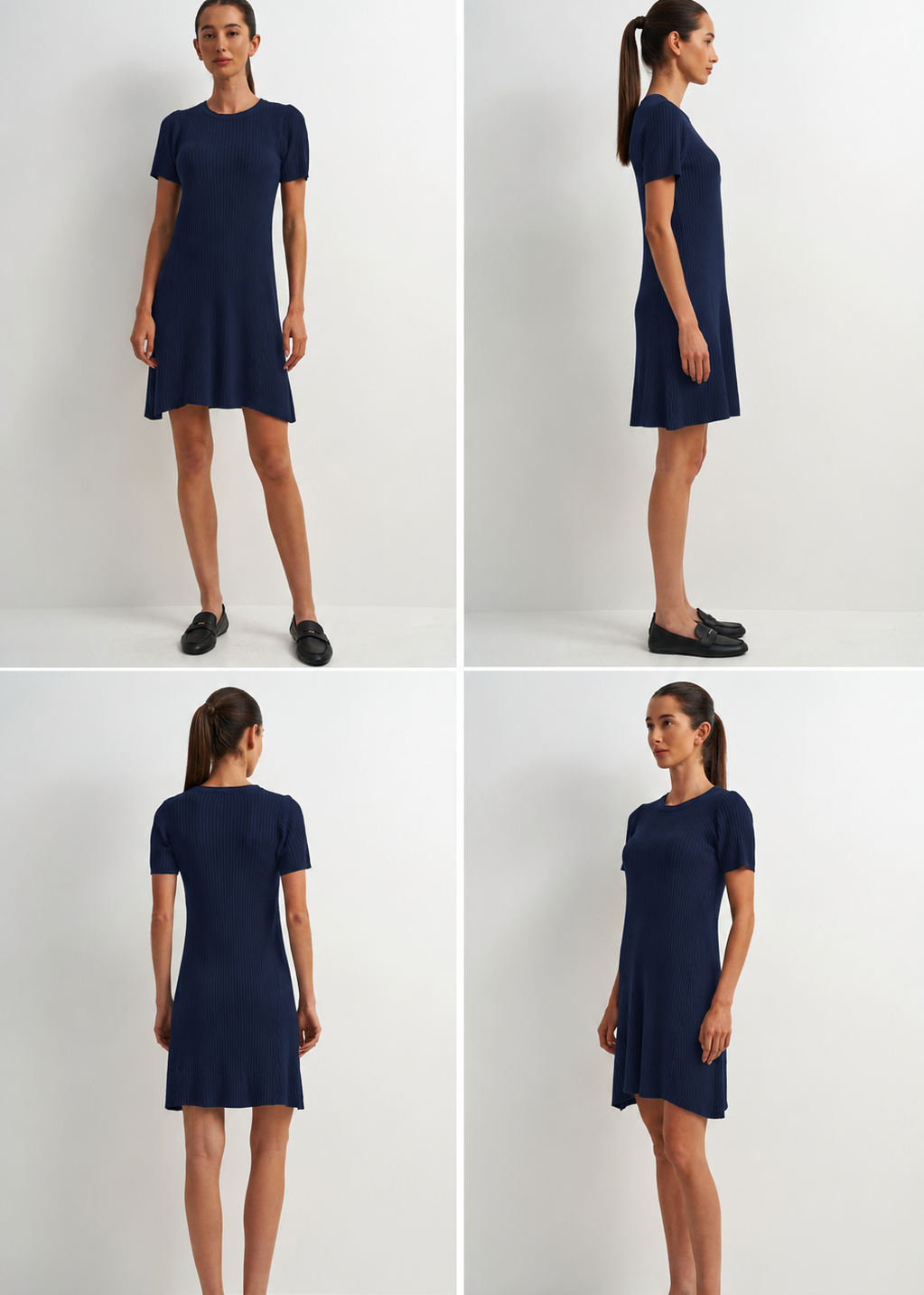 A navy blue short-sleeve shift dress shown on a model from four angles: front, side, back, and three-quarter view. The model is standing against a plain white studio background.