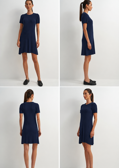 A navy blue short-sleeve shift dress shown on a model from four angles: front, side, back, and three-quarter view. The model is standing against a plain white studio background.